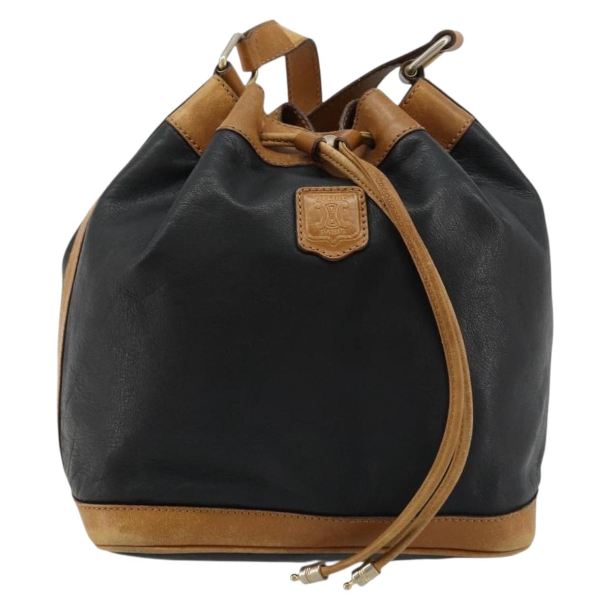 CELINE Purse Shoulder Bag Leather Black Gold Auth 185080