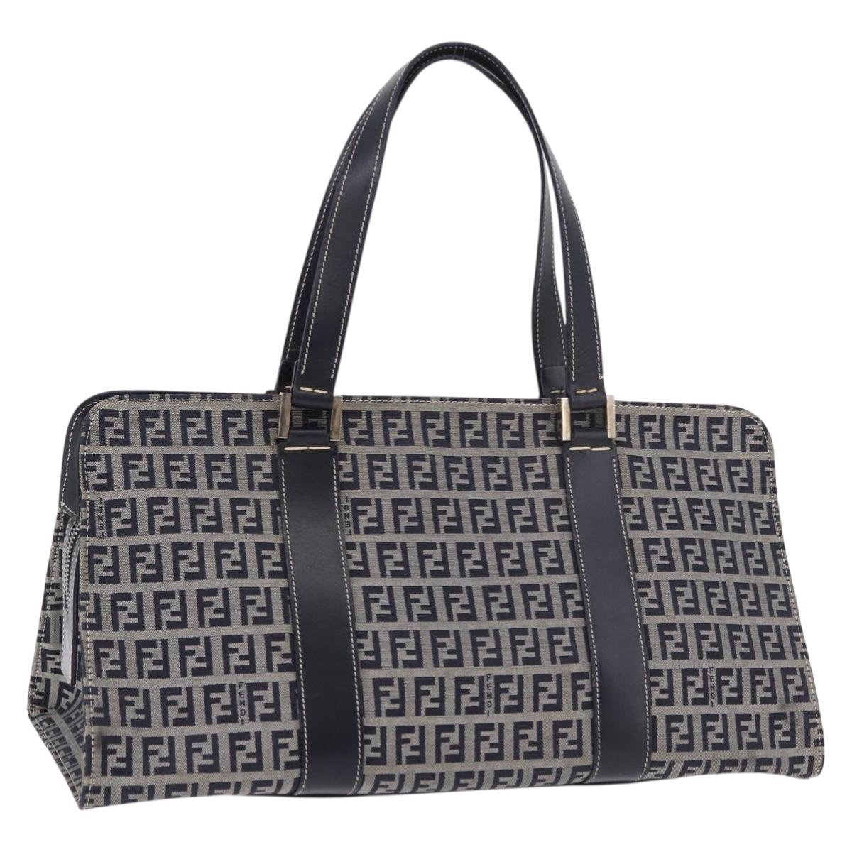 FENDI Zucchino Canvas Hand Bag Navy Silver Auth 185085V