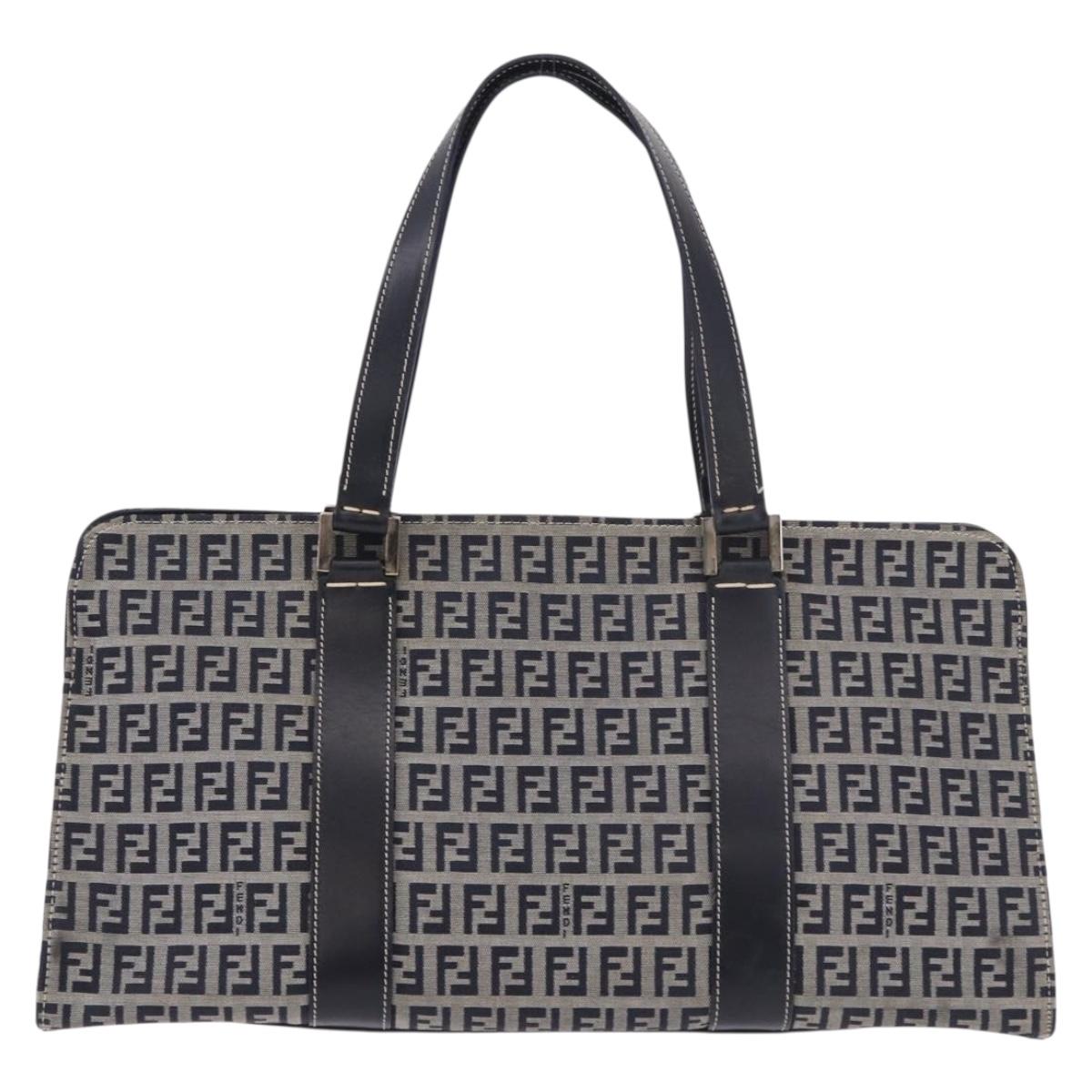FENDI Zucchino Canvas Hand Bag Navy Silver Auth 185085V