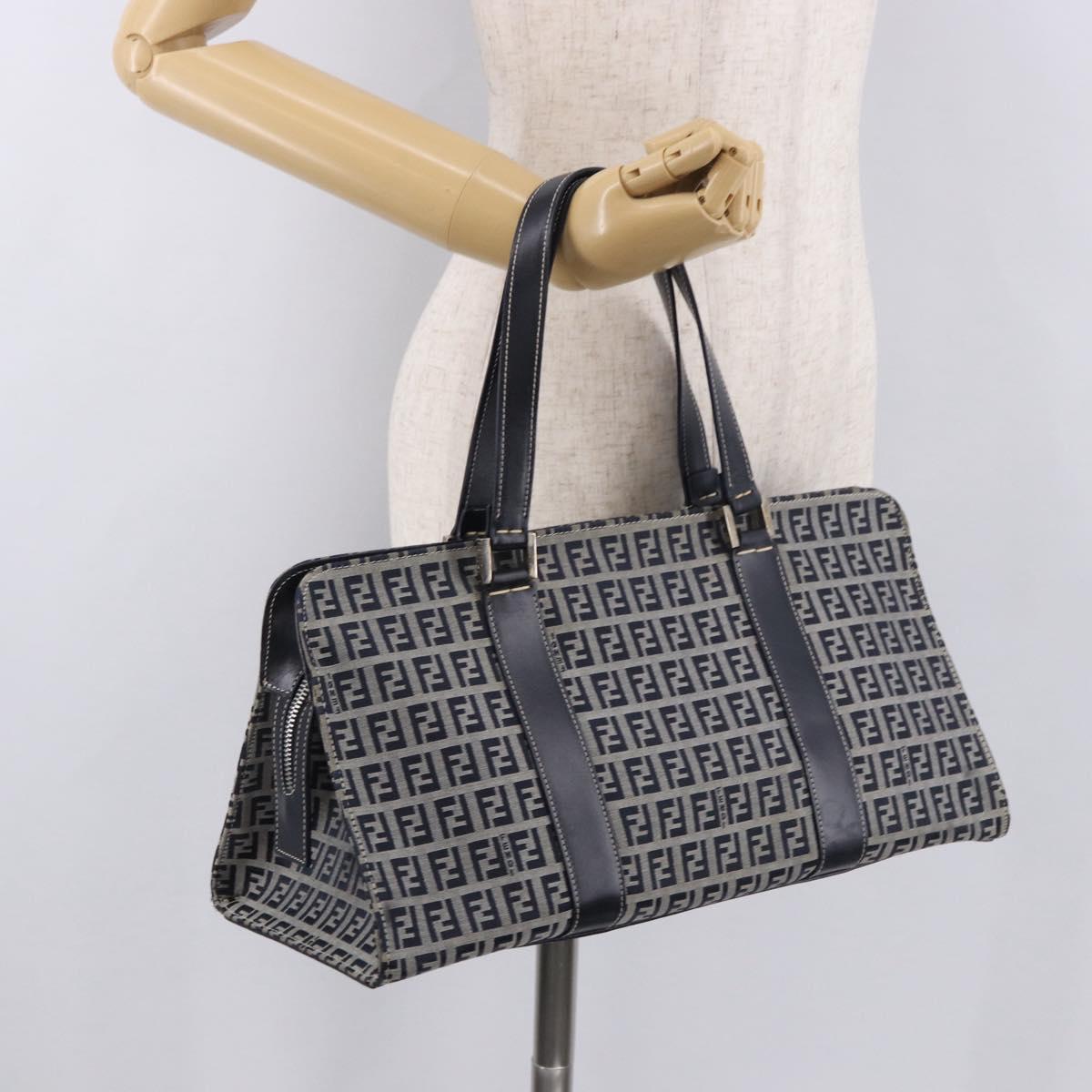 FENDI Zucchino Canvas Hand Bag Navy Silver Auth 185085V