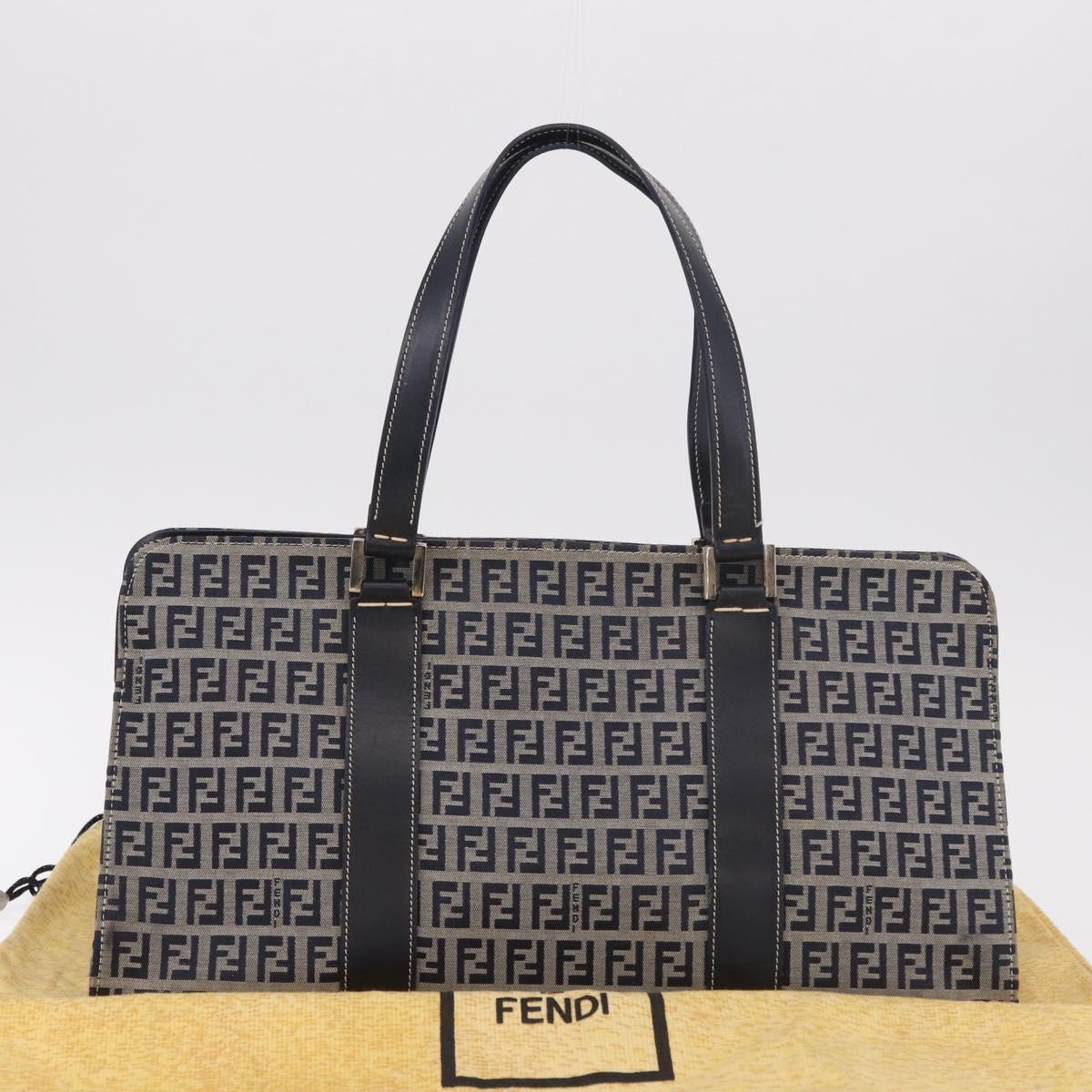 FENDI Zucchino Canvas Hand Bag Navy Silver Auth 185085V