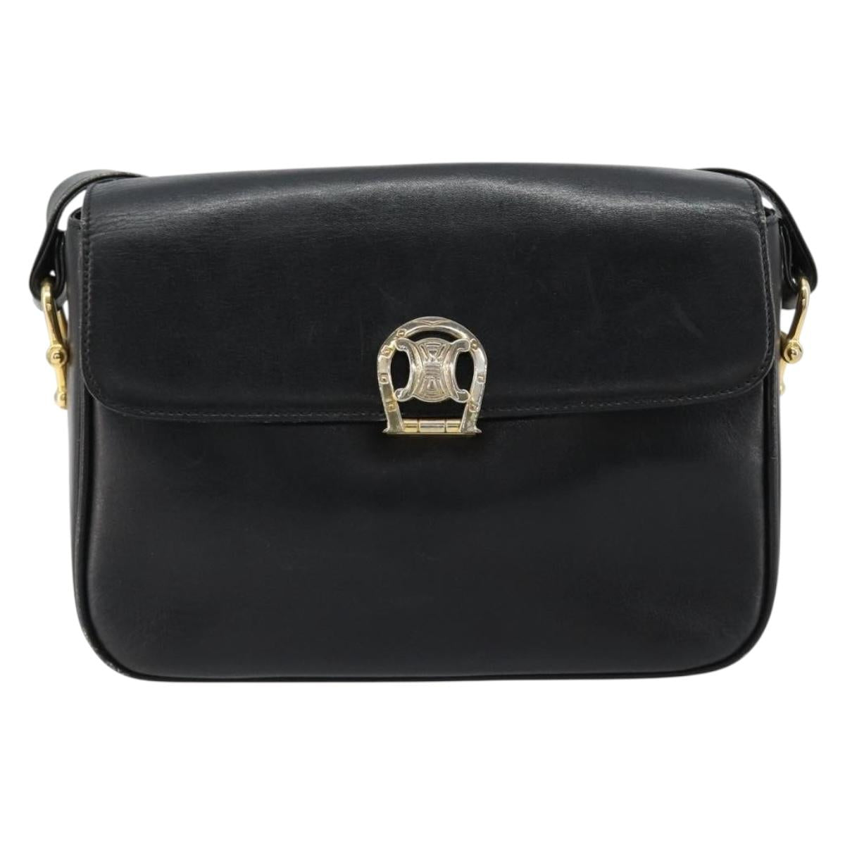 CELINE Shoulder Bag Leather Black Gold Auth 185088