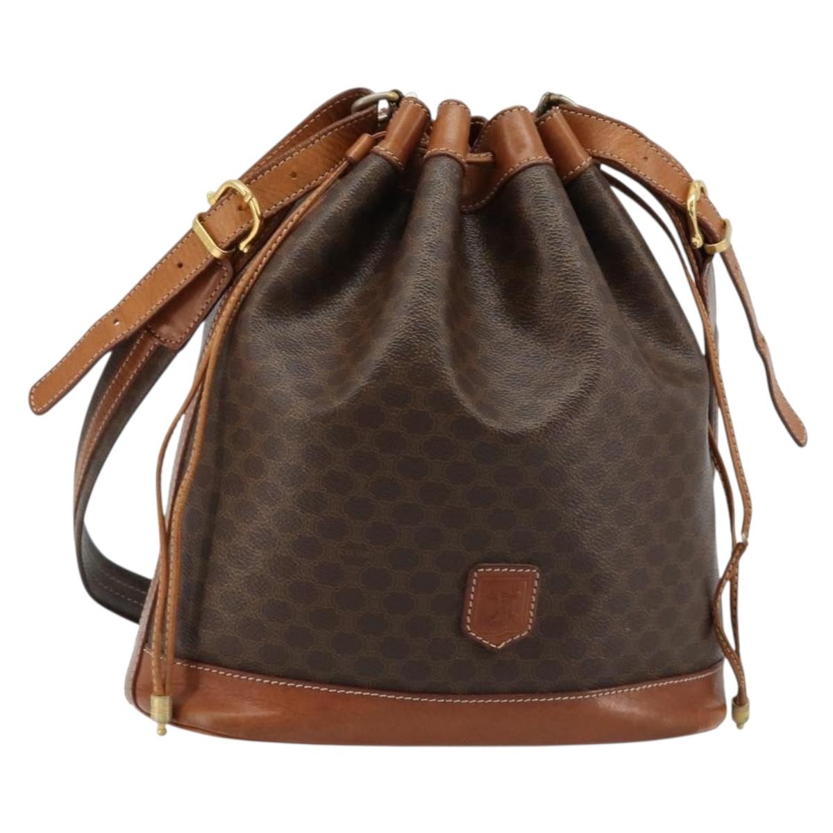 CELINE Macadam Canvas Purse Shoulder Bag PVC Leather Brown Gold Auth 185090