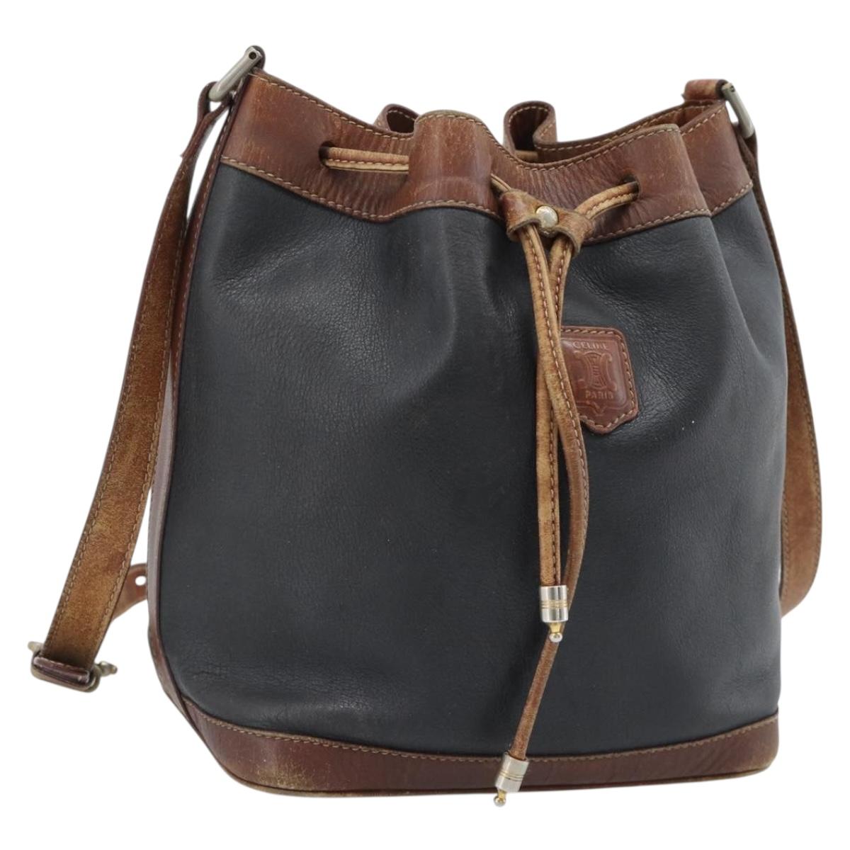 CELINE Purse Shoulder Bag Leather Black Gold Auth 185092