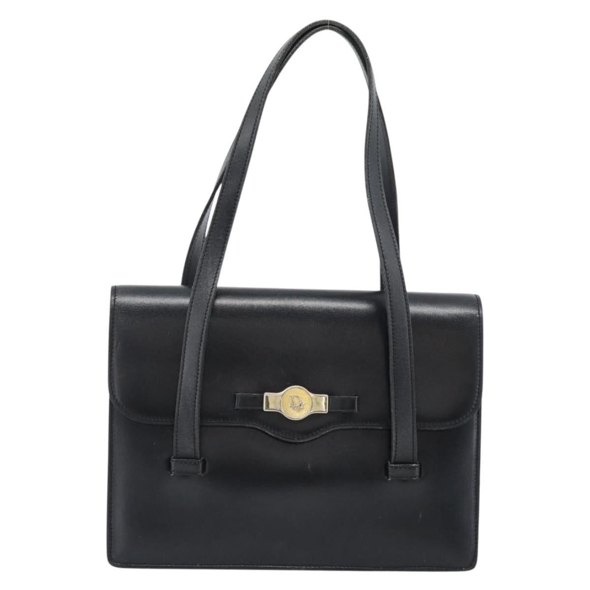 Christian Dior Hand Bag Leather Black Gold Auth 185093
