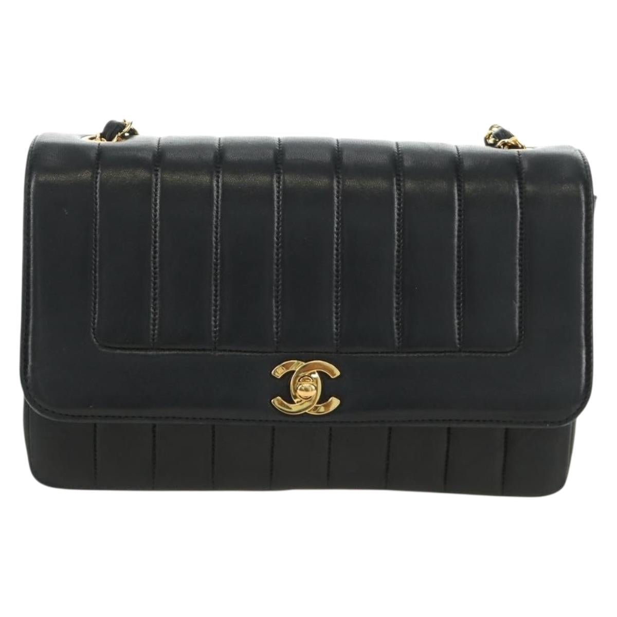CHANEL Mademoiselle Chain Shoulder Bag Lamb Skin Black Gold CC Auth 185097SAM