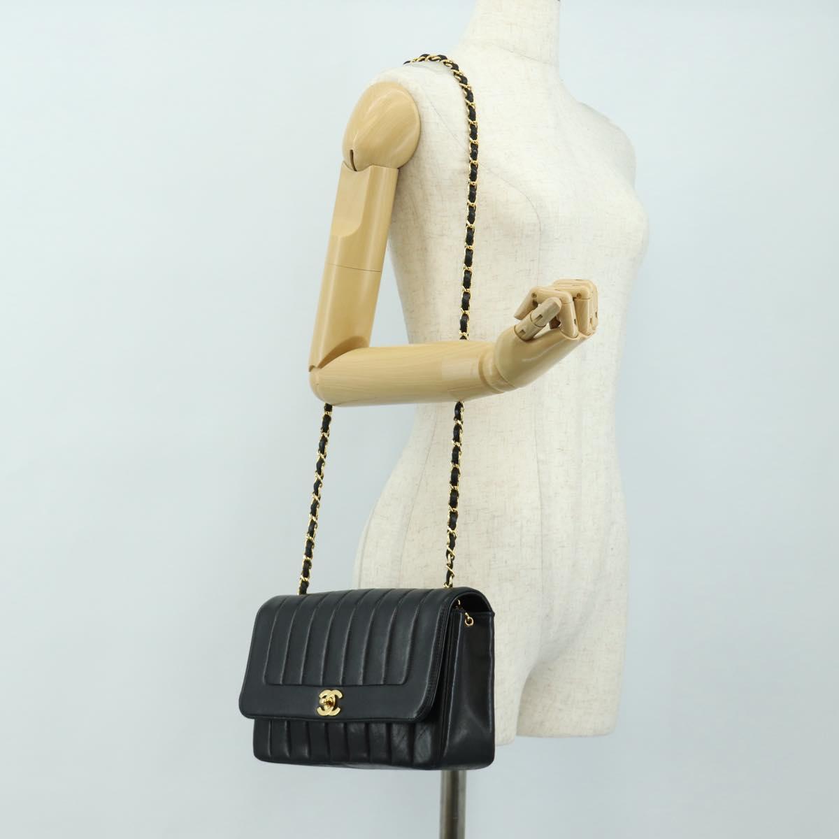 CHANEL Mademoiselle Chain Shoulder Bag Lamb Skin Black Gold CC Auth 185097SAM