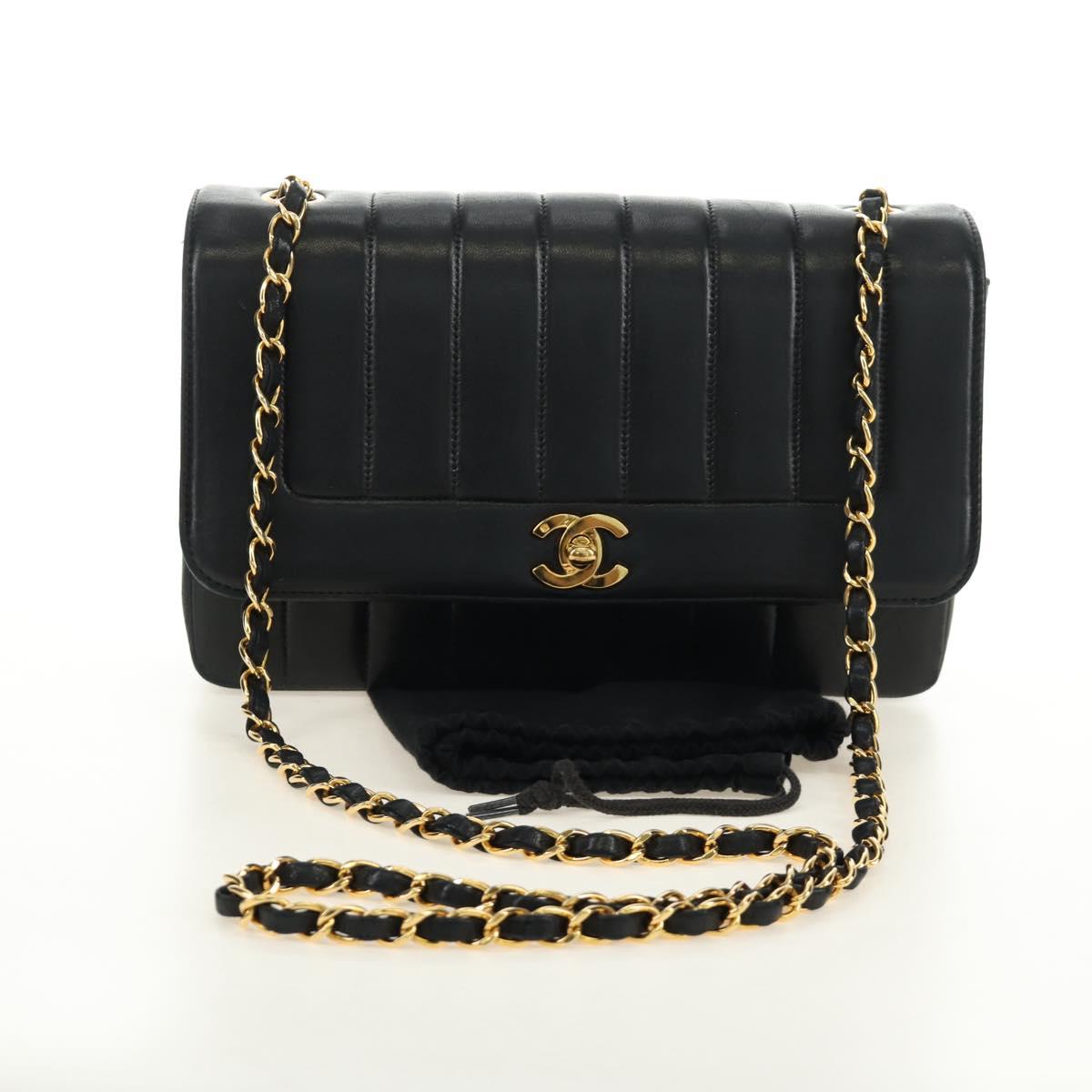 CHANEL Mademoiselle Chain Shoulder Bag Lamb Skin Black Gold CC Auth 185097SAM