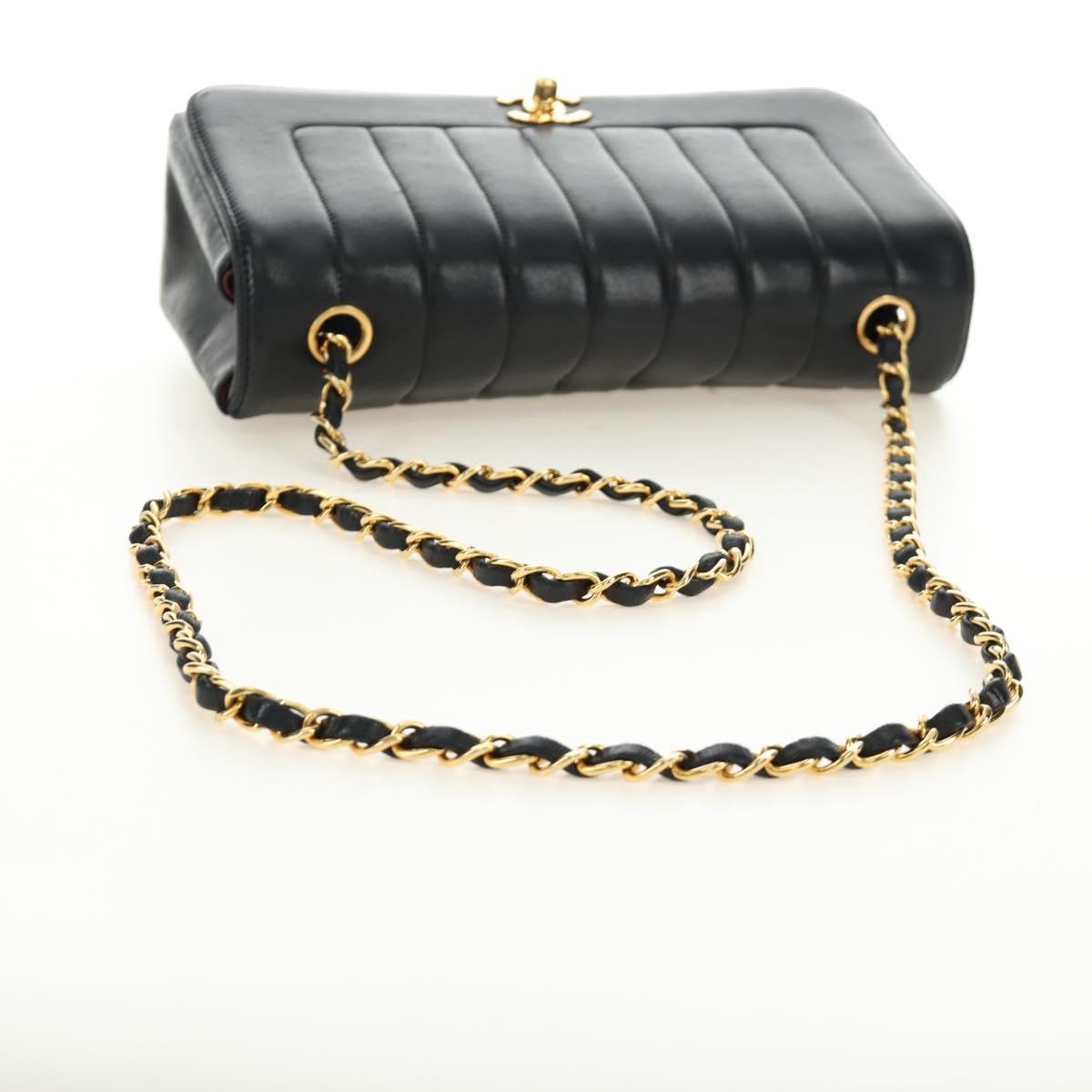 CHANEL Mademoiselle Chain Shoulder Bag Lamb Skin Black Gold CC Auth 185097SAM