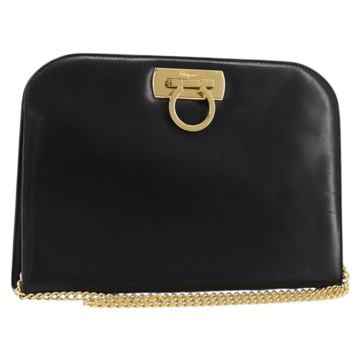 Salvatore Ferragamo Gancini Chain Shoulder Bag Leather Black Gold Auth 185103A
