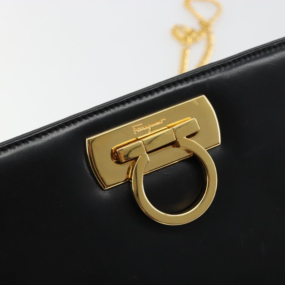 Salvatore Ferragamo Gancini Chain Shoulder Bag Leather Black Gold Auth 185103A