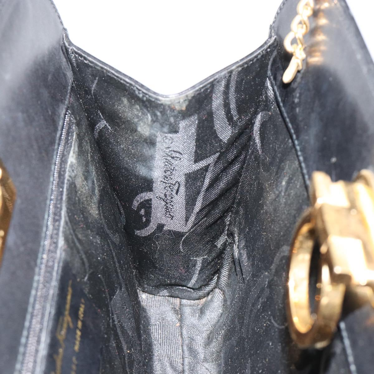 Salvatore Ferragamo Gancini Chain Shoulder Bag Leather Black Gold Auth 185103A