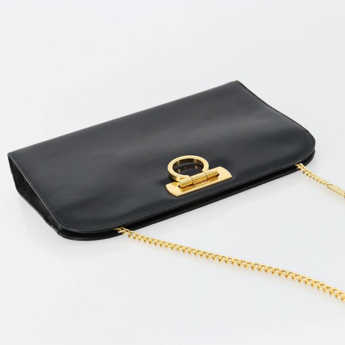 Salvatore Ferragamo Gancini Chain Shoulder Bag Leather Black Gold Auth 185103A