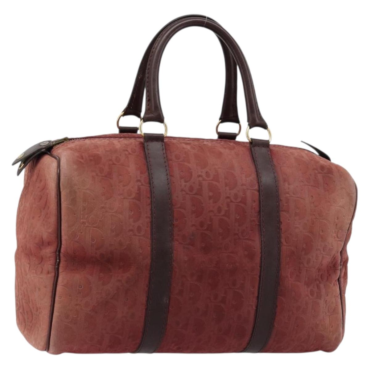 Christian Dior Trotter Canvas Boston Bag Suede Red Gold Auth 185105