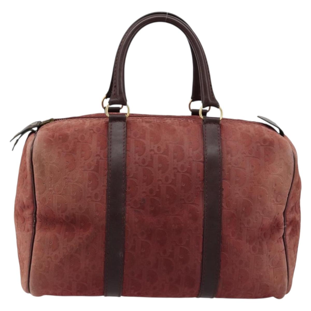 Christian Dior Trotter Canvas Boston Bag Suede Red Gold Auth 185105
