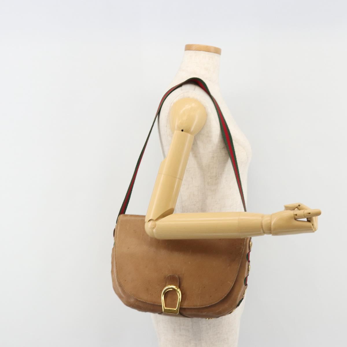GUCCI Web Sherry Line Shoulder Bag Leather Brown Gold Auth 185117