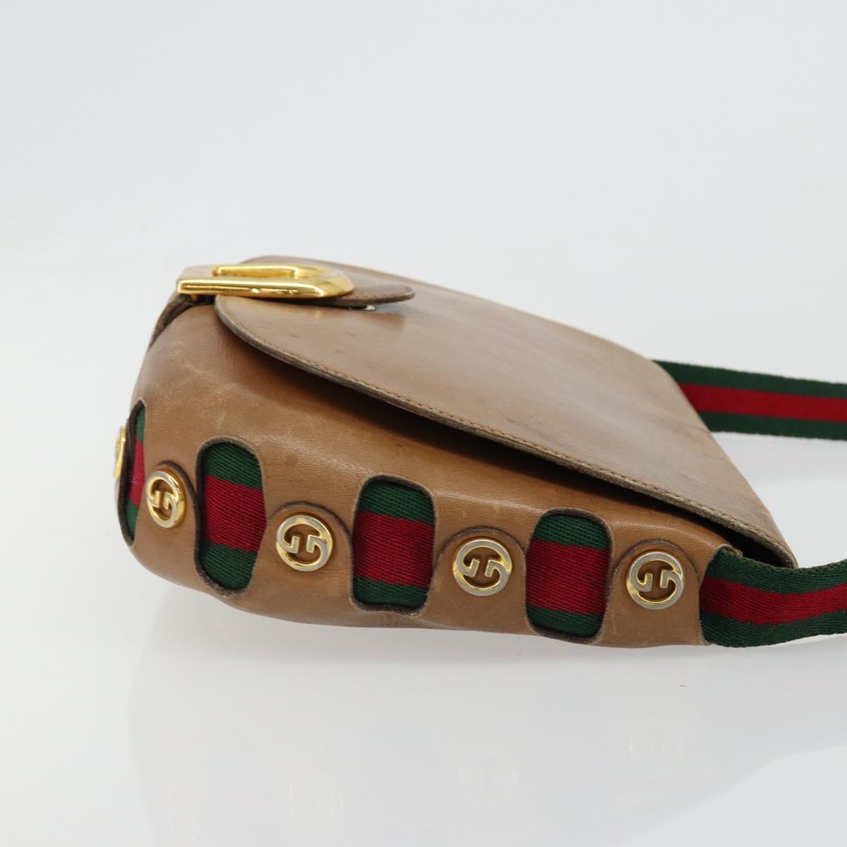 GUCCI Web Sherry Line Shoulder Bag Leather Brown Gold Auth 185117