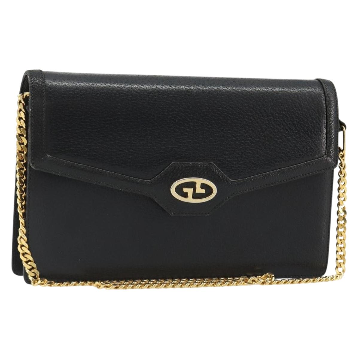 GUCCI Chain Shoulder Bag Leather Black Gold Auth 185118A