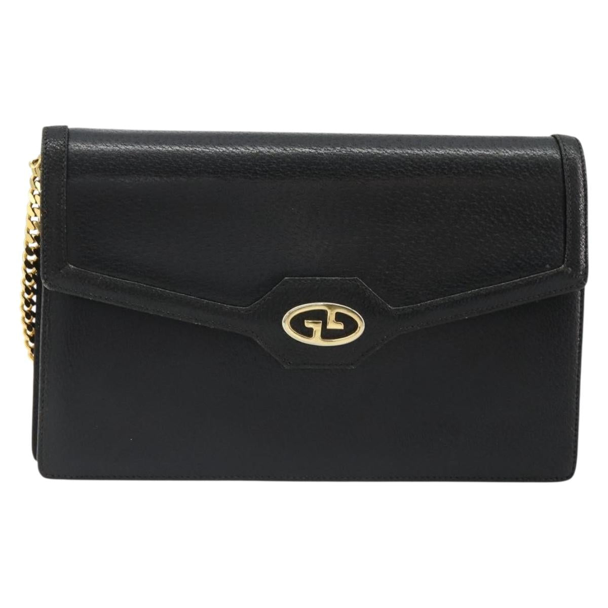 GUCCI Chain Shoulder Bag Leather Black Gold Auth 185118A