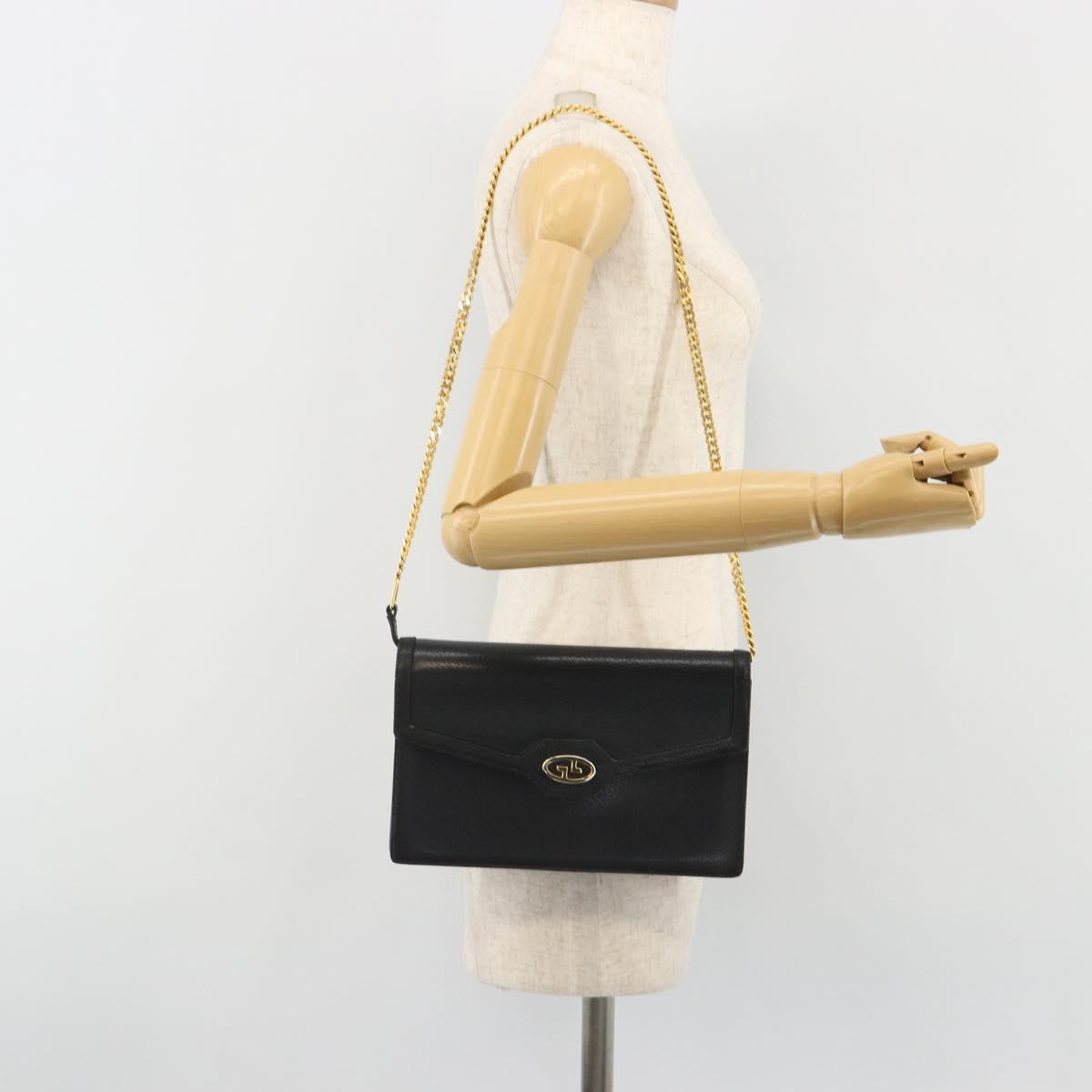 GUCCI Chain Shoulder Bag Leather Black Gold Auth 185118A