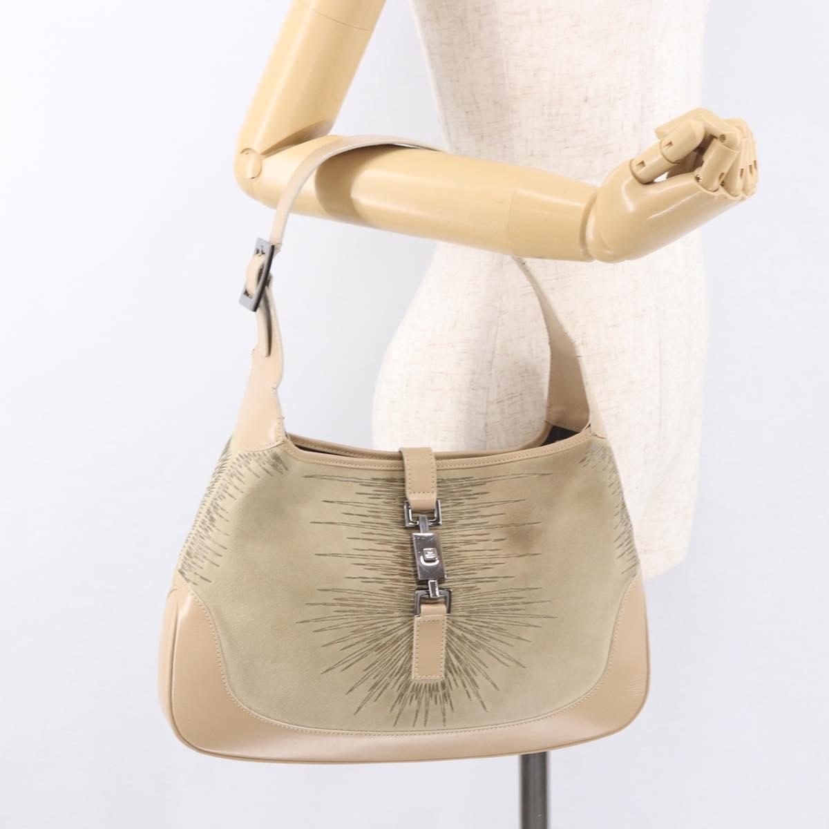 GUCCI Jackie Shoulder Bag Suede Beige Silver Auth 185120V