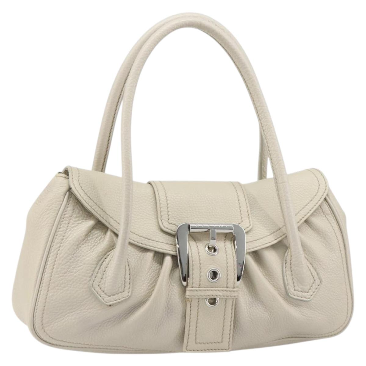 CELINE Hand Bag Leather White Silver Auth 185123A
