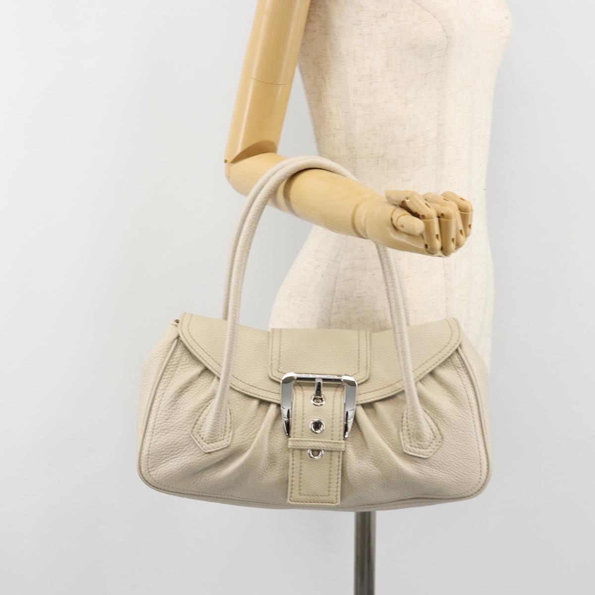 CELINE Hand Bag Leather White Silver Auth 185123A