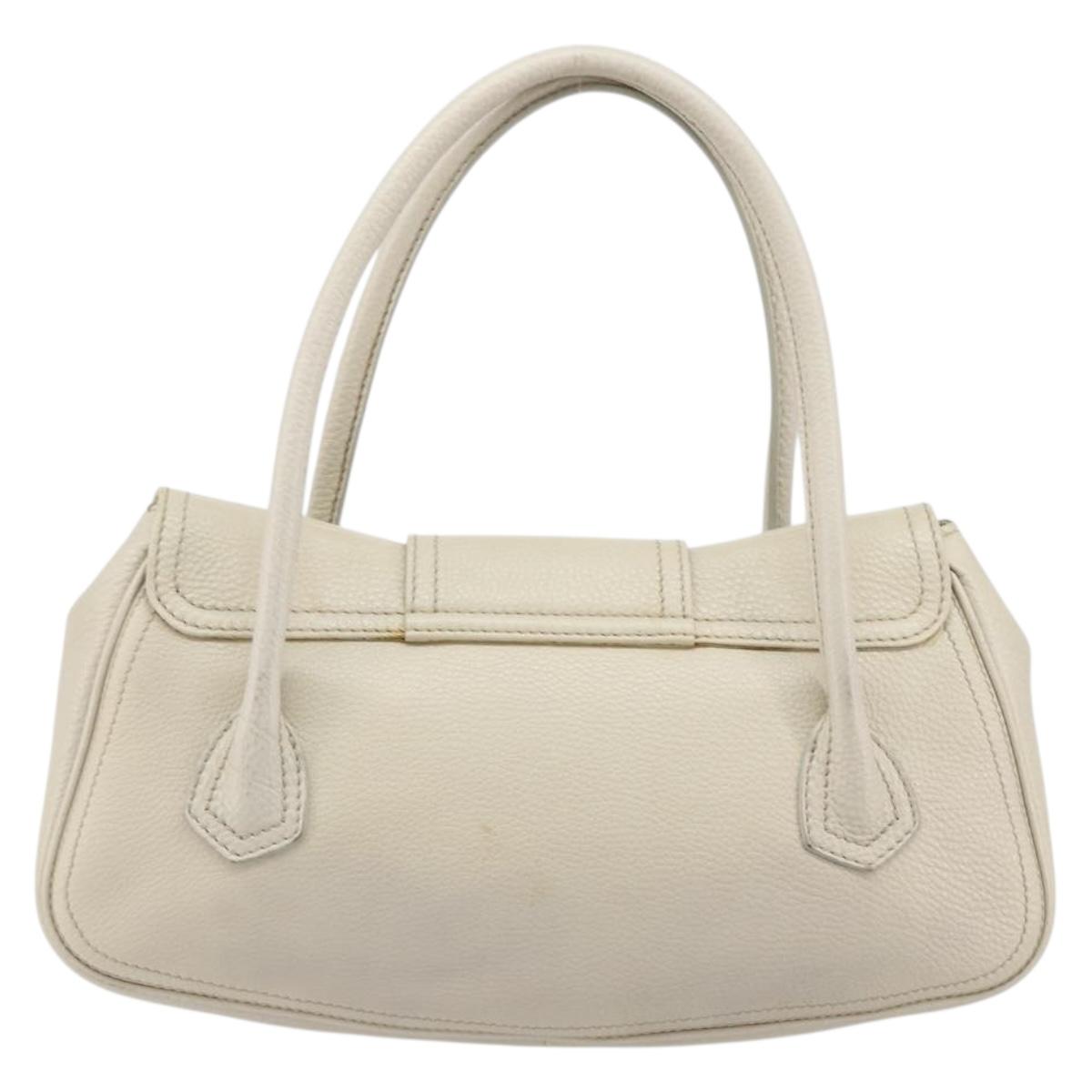 CELINE Hand Bag Leather White Silver Auth 185123A