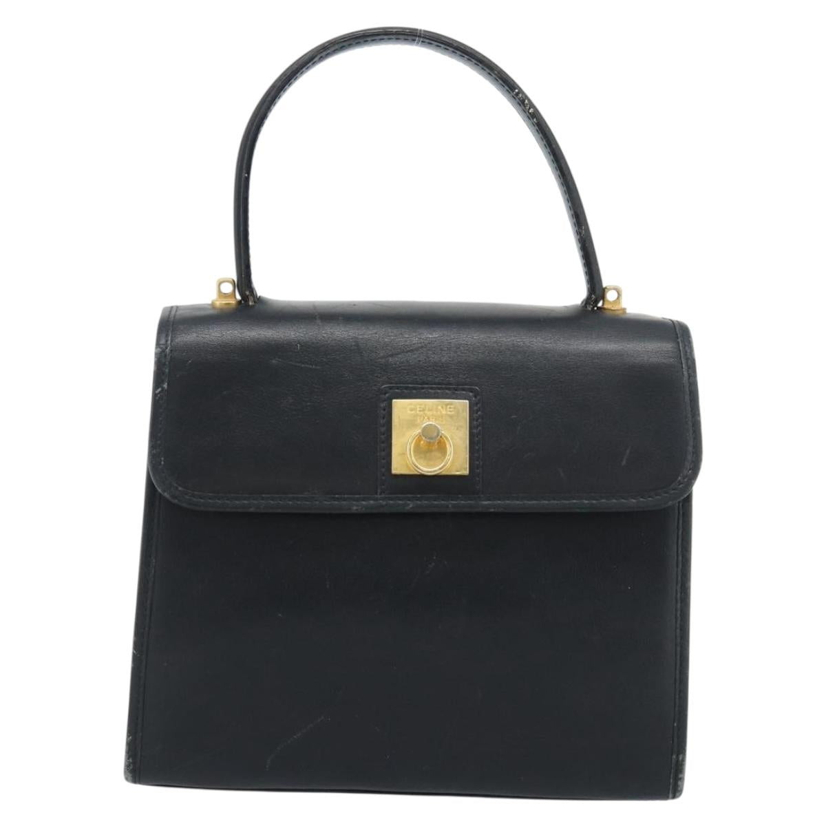 CELINE Hand Bag Leather Black Gold Auth 185125