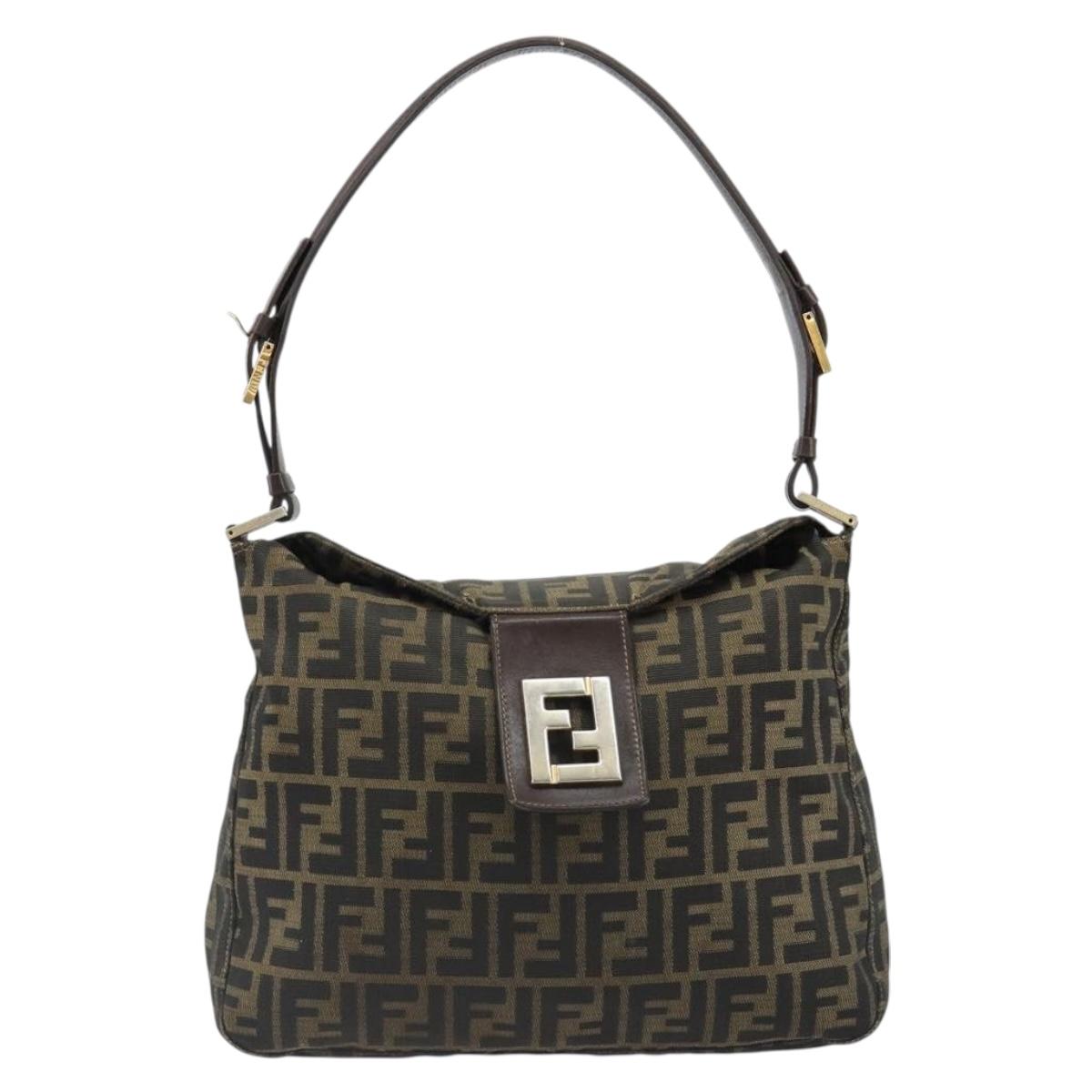 FENDI Zucca Canvas Mamma Baguette Shoulder Bag Black Brown Auth 185126
