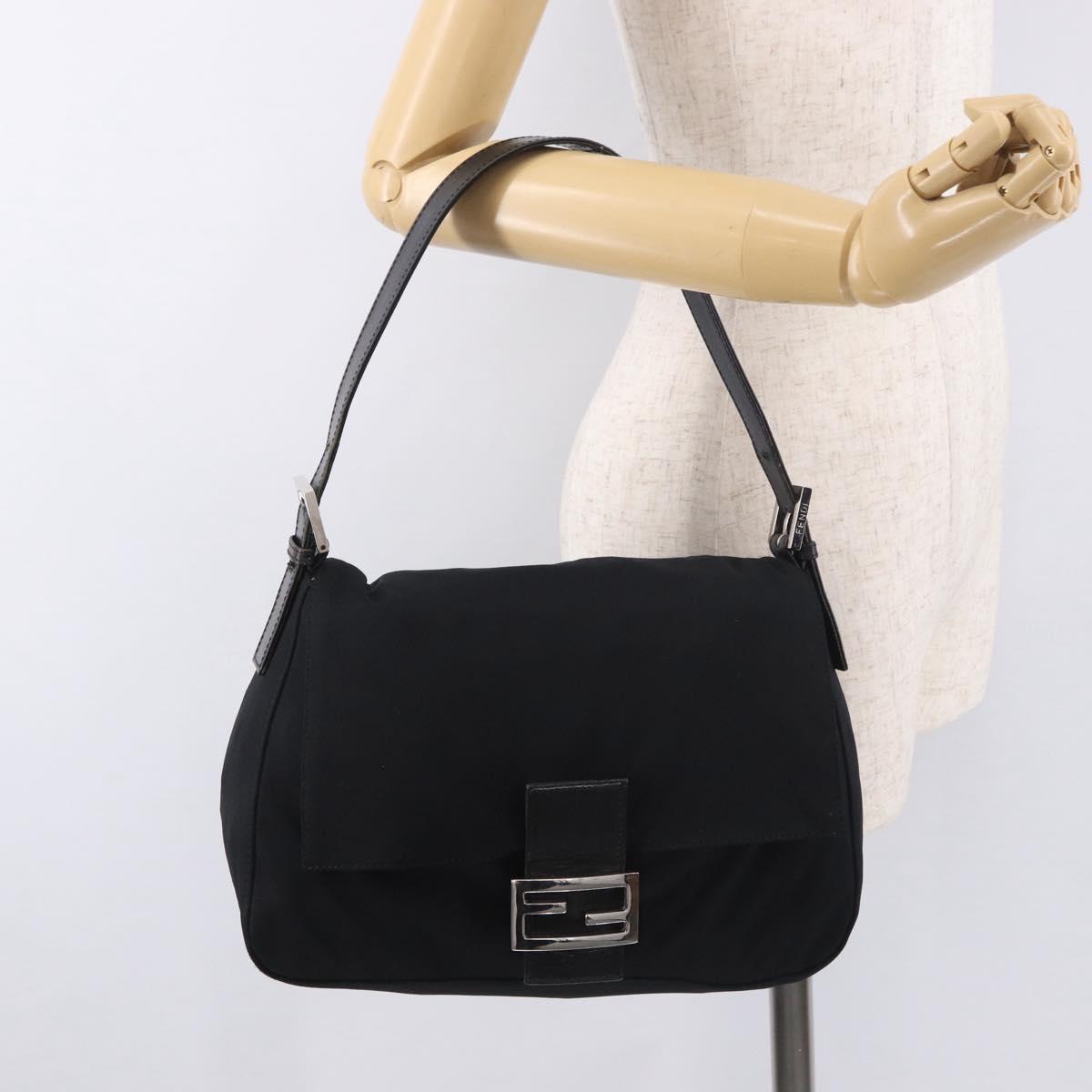 FENDI Mamma Baguette Shoulder Bag Cotton jersey Black Silver Auth 185127V