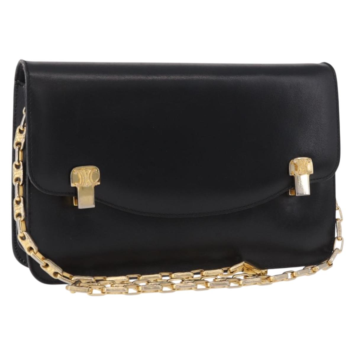 CELINE Chain Shoulder Bag Leather Black Gold Auth 185136V