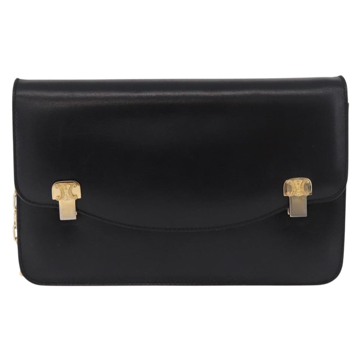 CELINE Chain Shoulder Bag Leather Black Gold Auth 185136V