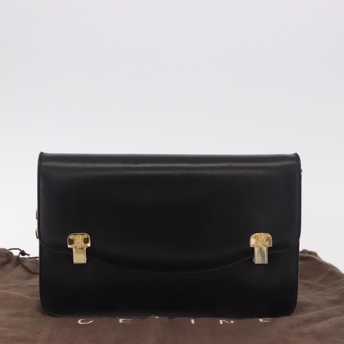 CELINE Chain Shoulder Bag Leather Black Gold Auth 185136V