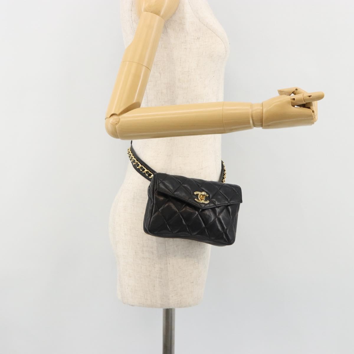 CHANEL Matelasse Waist Bag Lamb Skin Black Gold CC Auth 185140