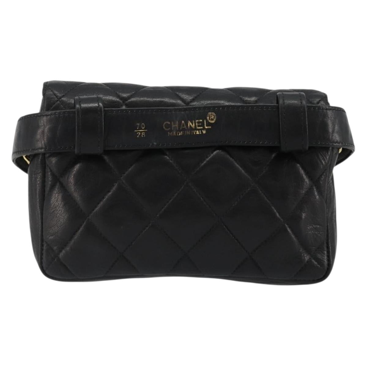 CHANEL Matelasse Waist Bag Lamb Skin Black Gold CC Auth 185140