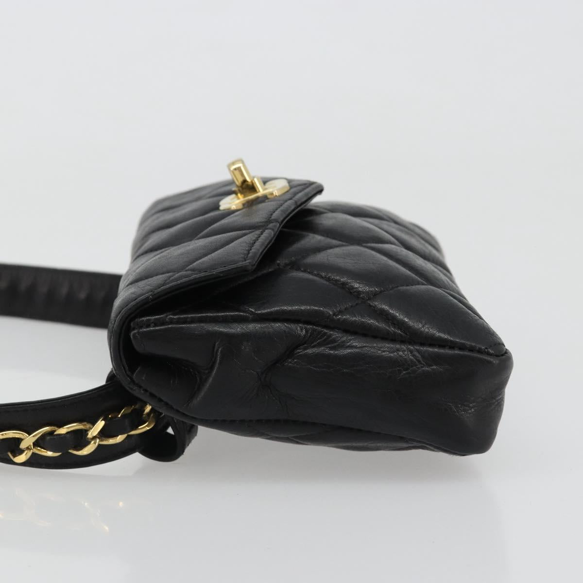 CHANEL Matelasse Waist Bag Lamb Skin Black Gold CC Auth 185140