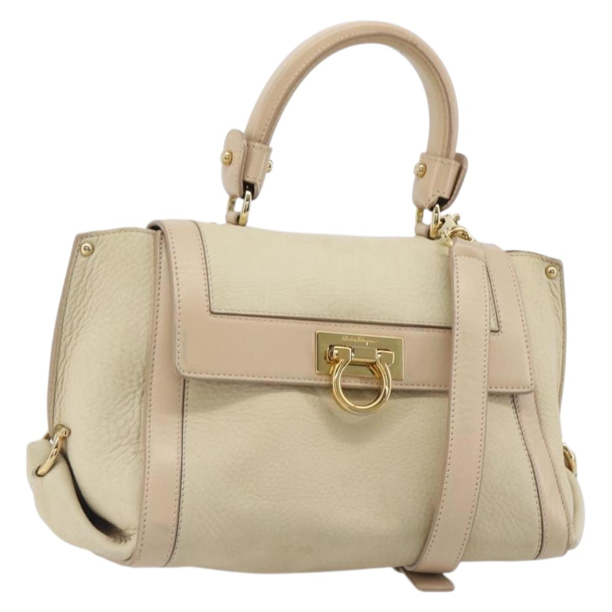 Salvatore Ferragamo Gancini Hand Bag Leather 2way Ivory Gold Auth 185142A