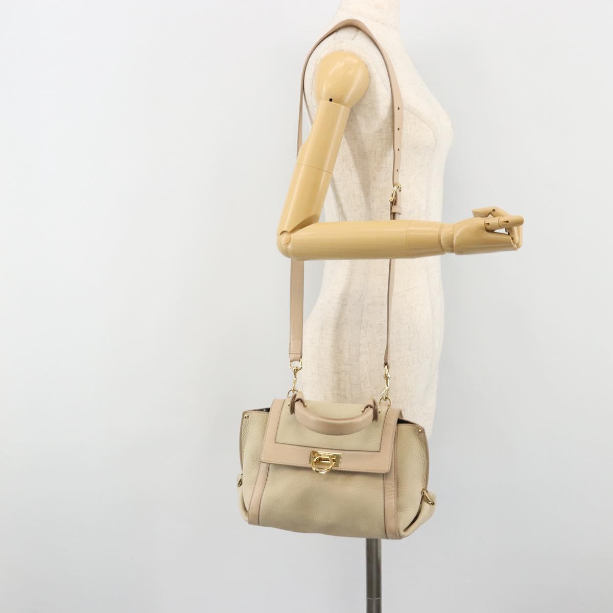 Salvatore Ferragamo Gancini Hand Bag Leather 2way Ivory Gold Auth 185142A