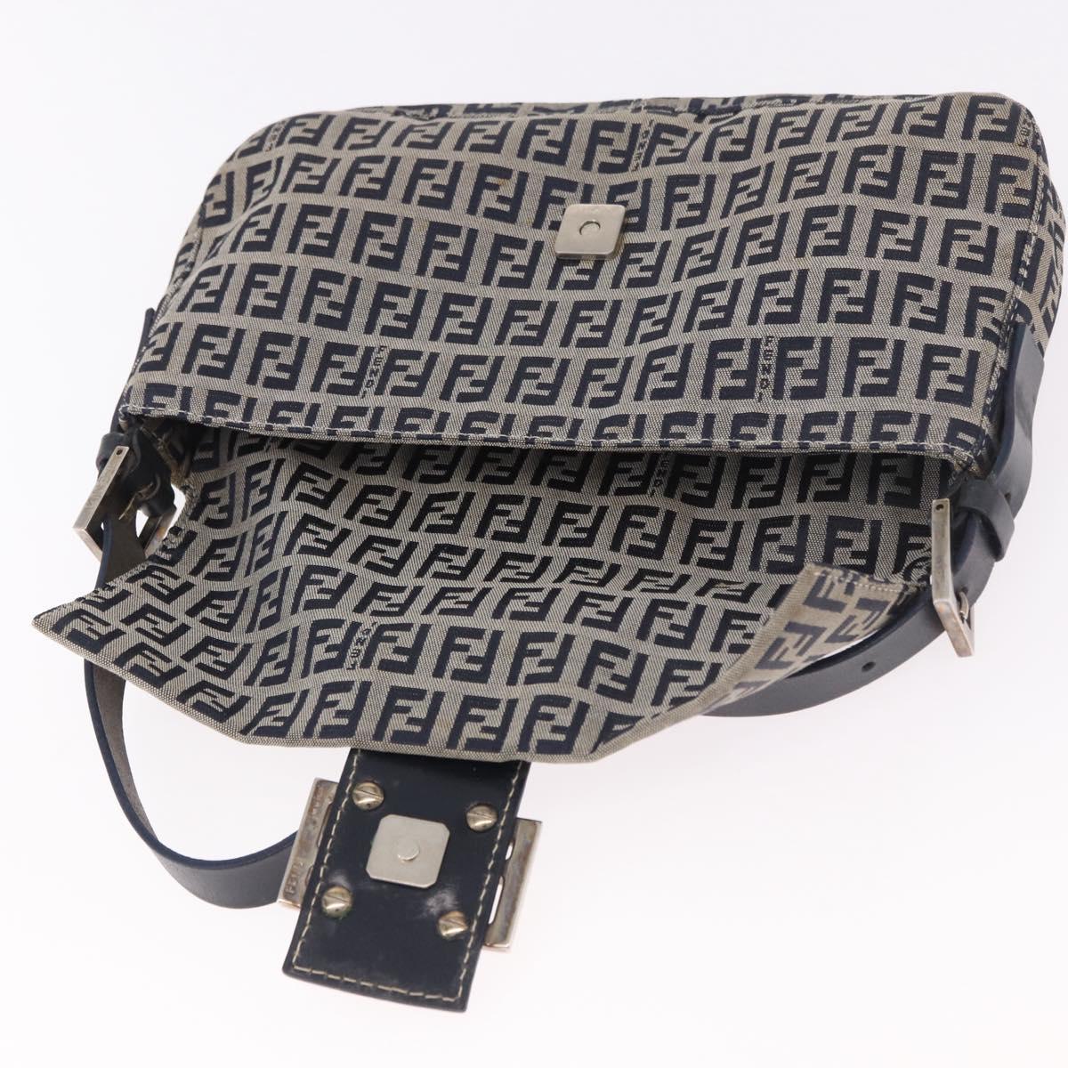 FENDI Zucchino Canvas Mamma Baguette Shoulder Bag Navy Silver Auth 185146SAV