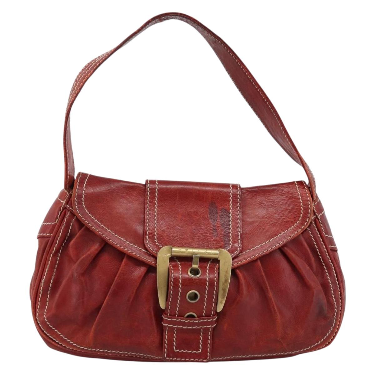 CELINE Shoulder Bag Leather Red Gold Auth 185150