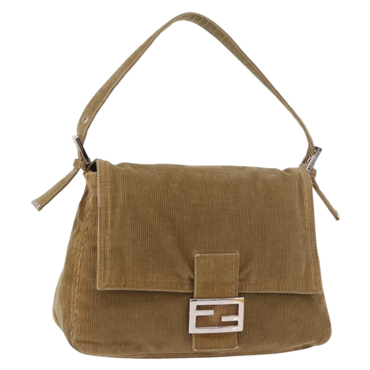 FENDI Mamma Baguette Shoulder Bag Corduroy Khaki Silver Auth 185158V