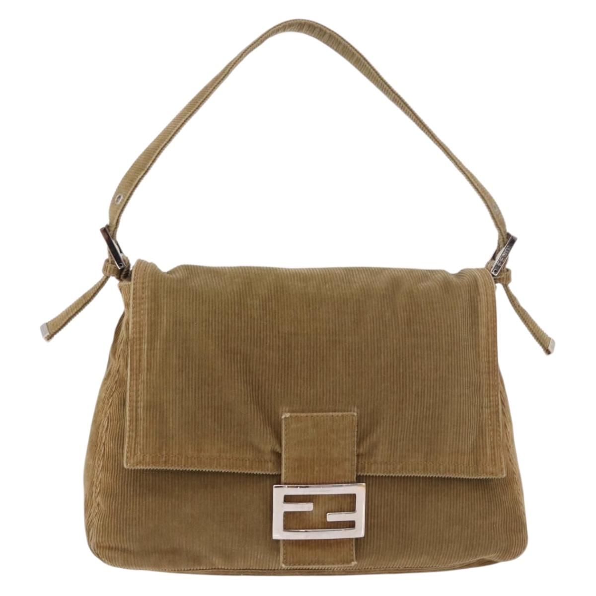 FENDI Mamma Baguette Shoulder Bag Corduroy Khaki Silver Auth 185158V
