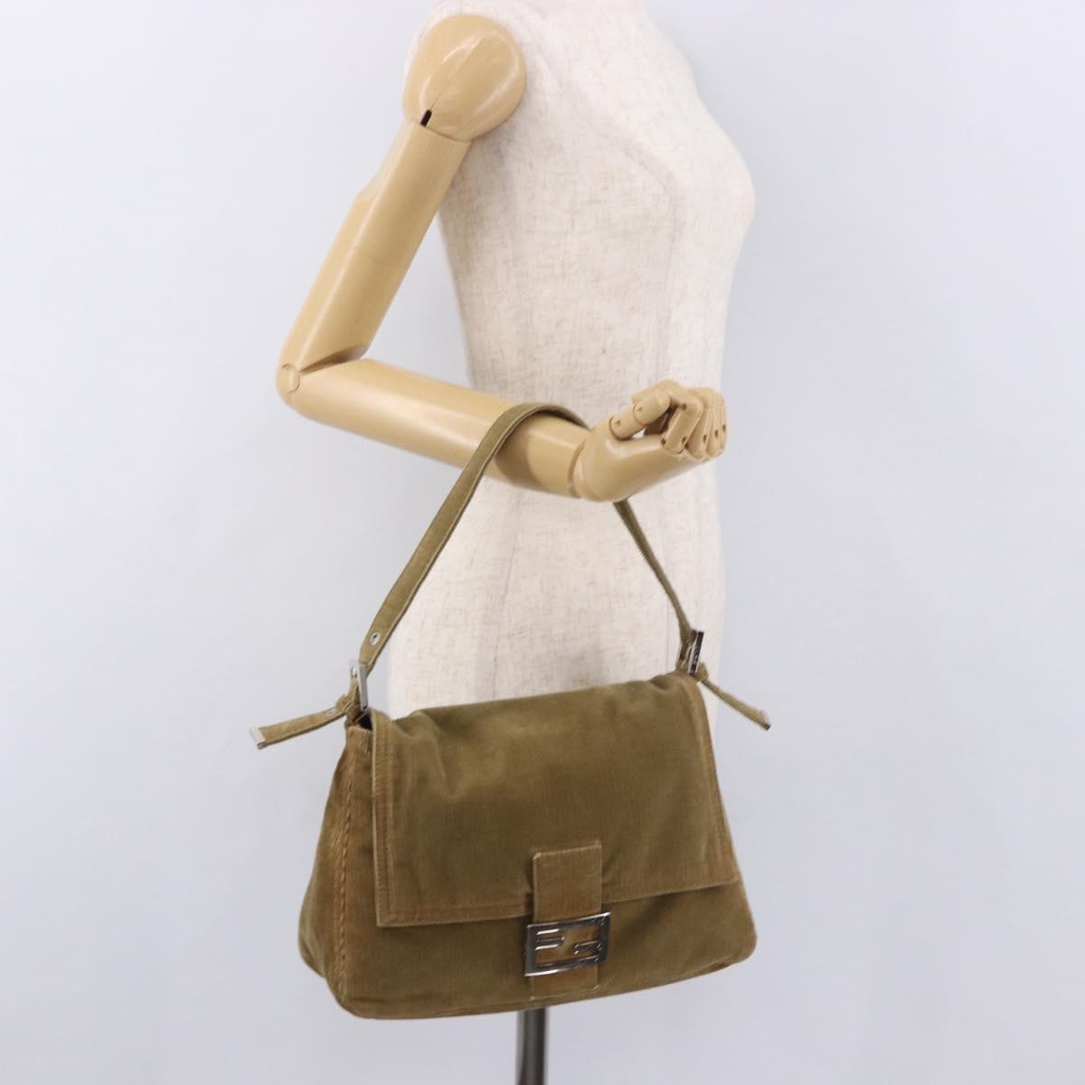 FENDI Mamma Baguette Shoulder Bag Corduroy Khaki Silver Auth 185158V