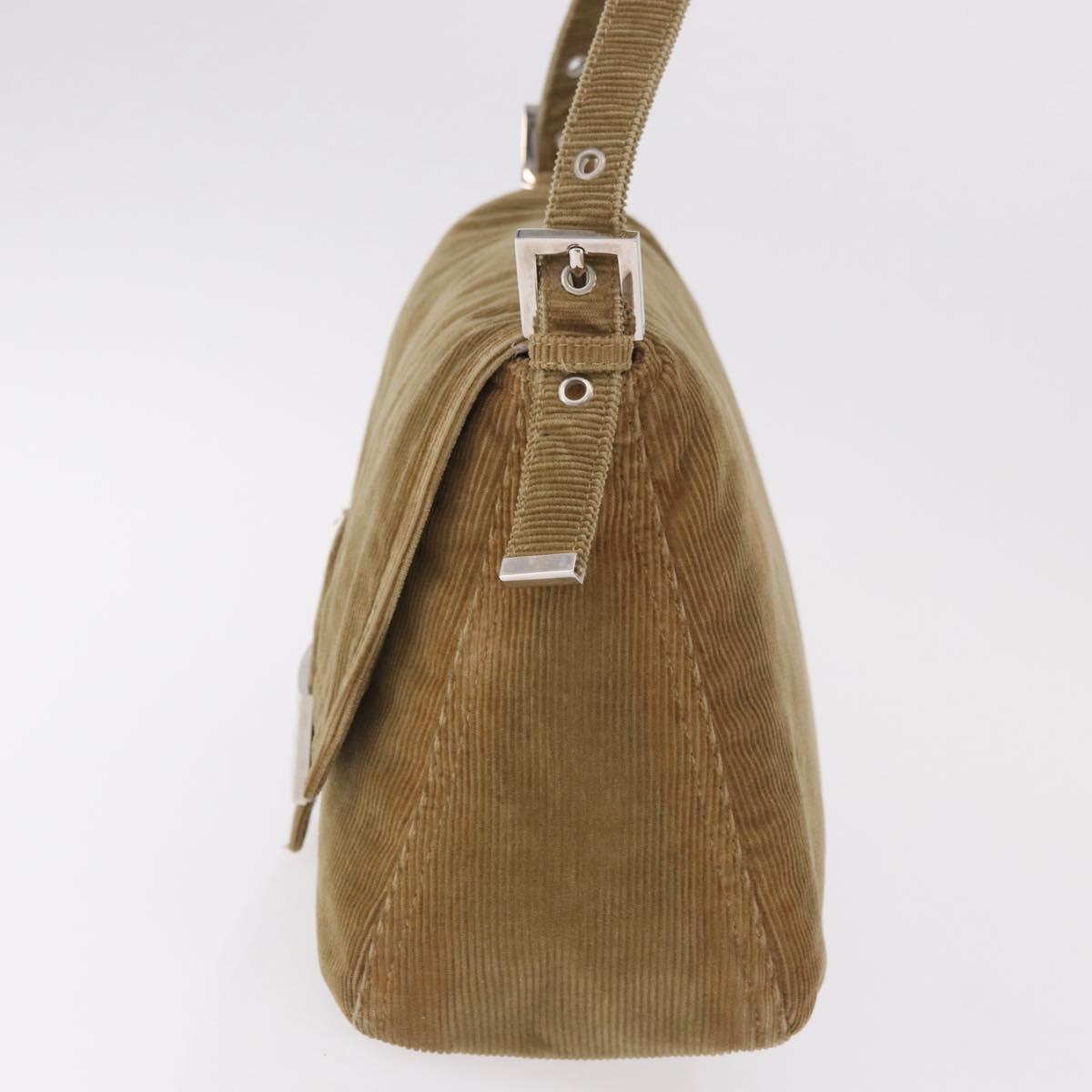 FENDI Mamma Baguette Shoulder Bag Corduroy Khaki Silver Auth 185158V