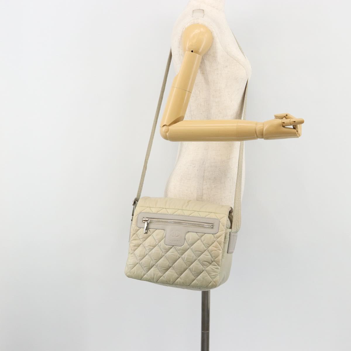 CHANEL Cococoon Shoulder Bag Nylon Gray Silver CC Auth 185165A