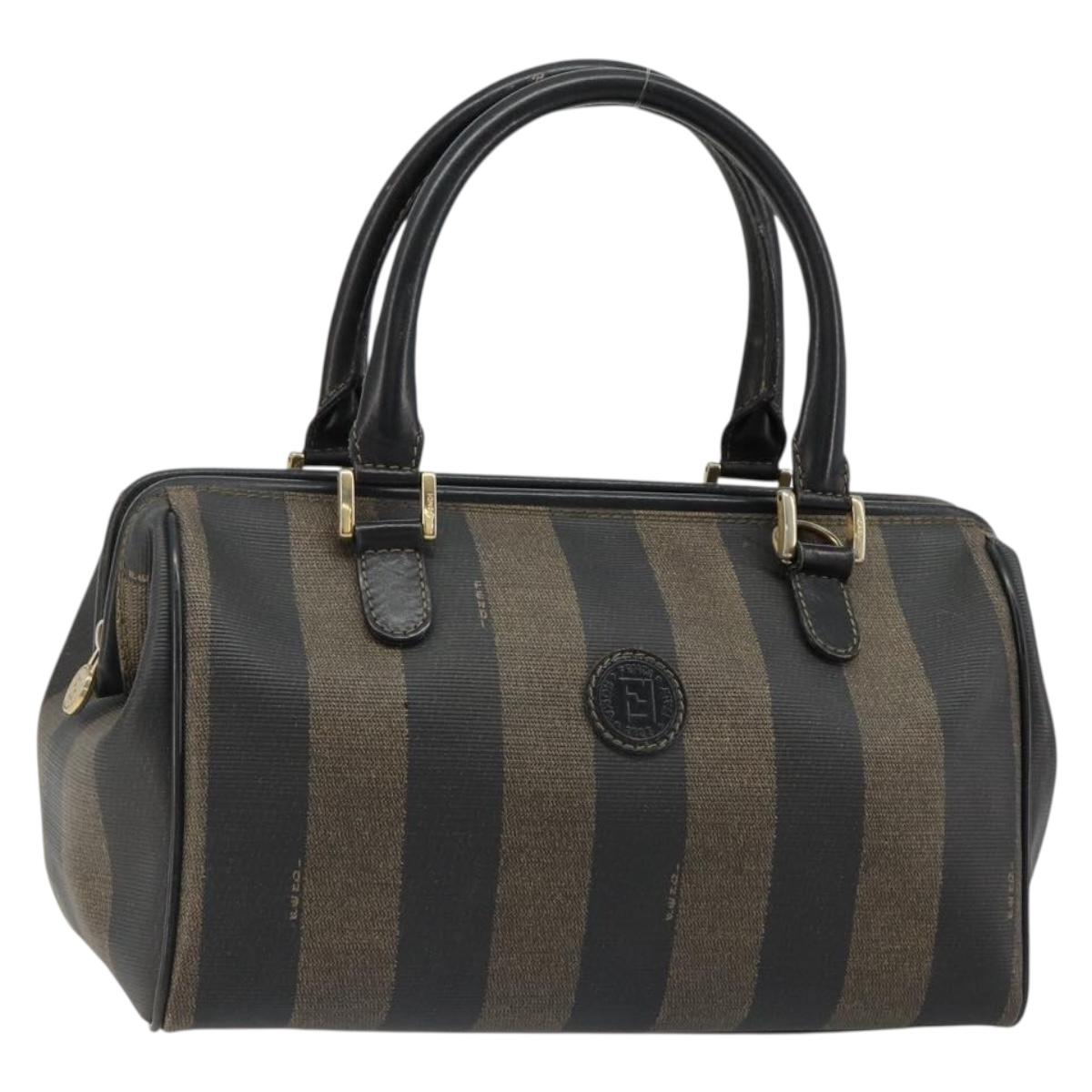 FENDI Pecan Canvas Hand Bag PVC Brown Black Auth 185166