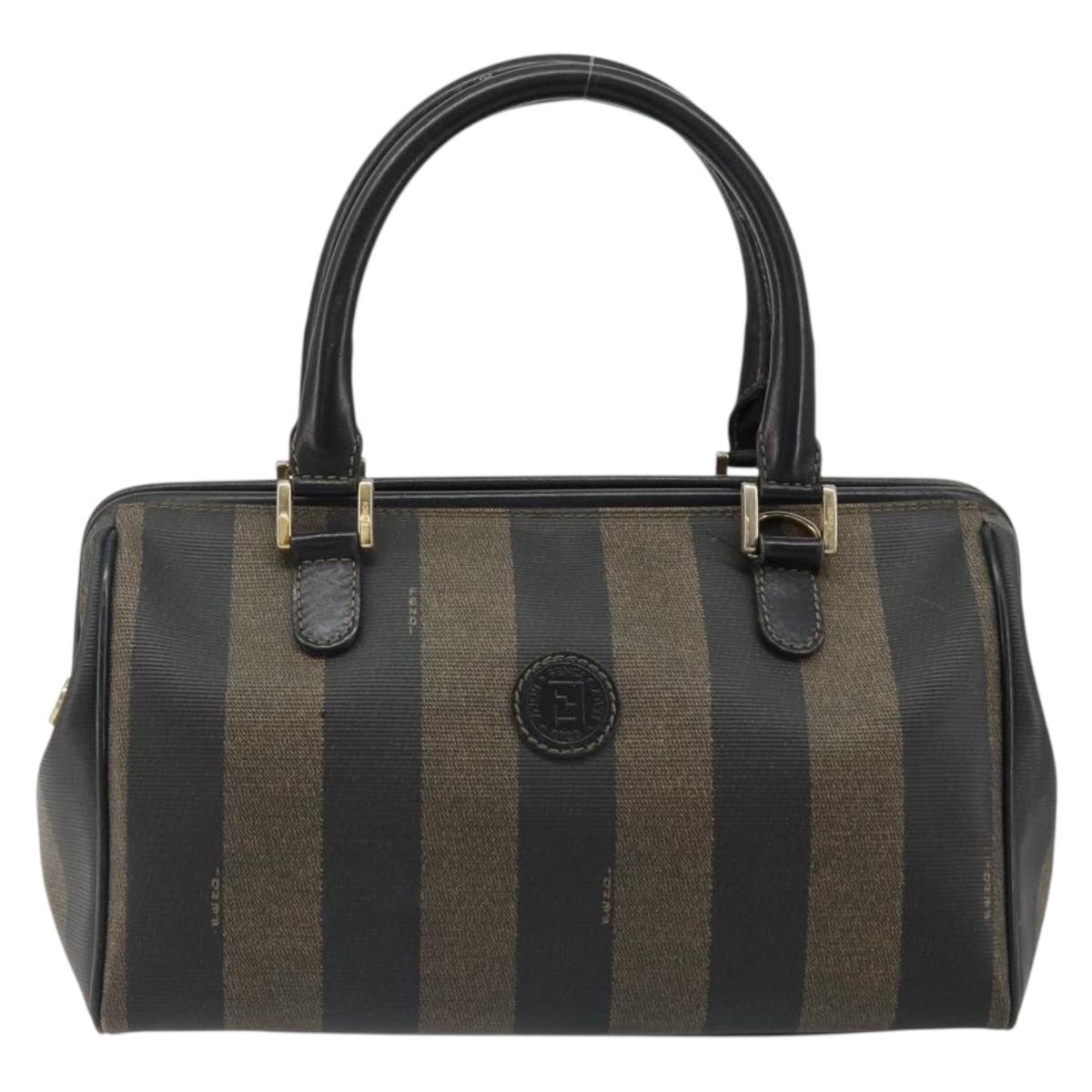 FENDI Pecan Canvas Hand Bag PVC Brown Black Auth 185166