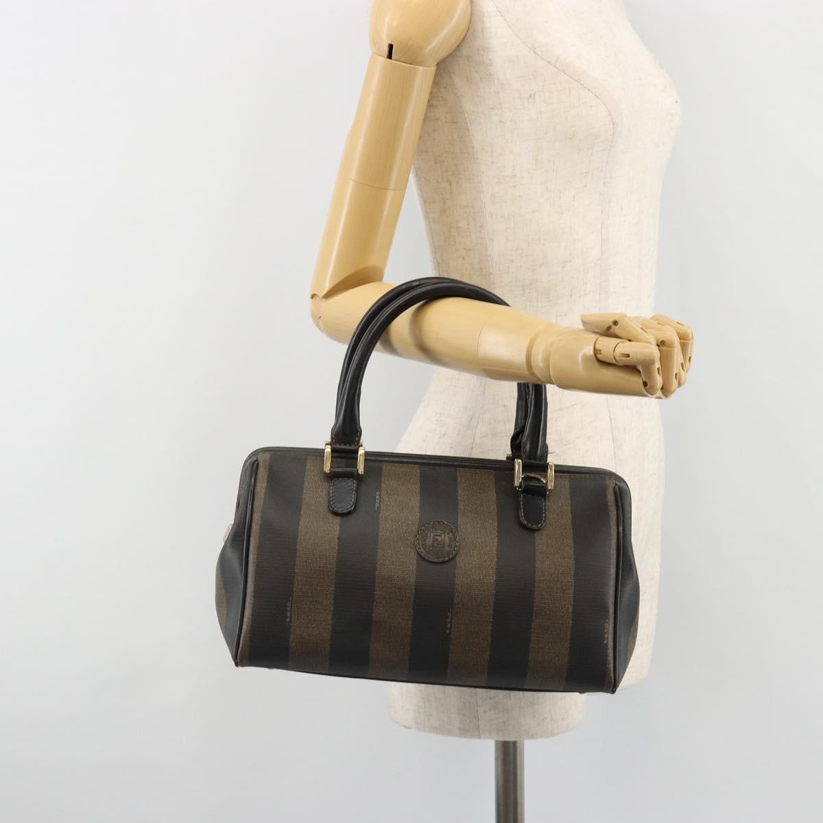 FENDI Pecan Canvas Hand Bag PVC Brown Black Auth 185166