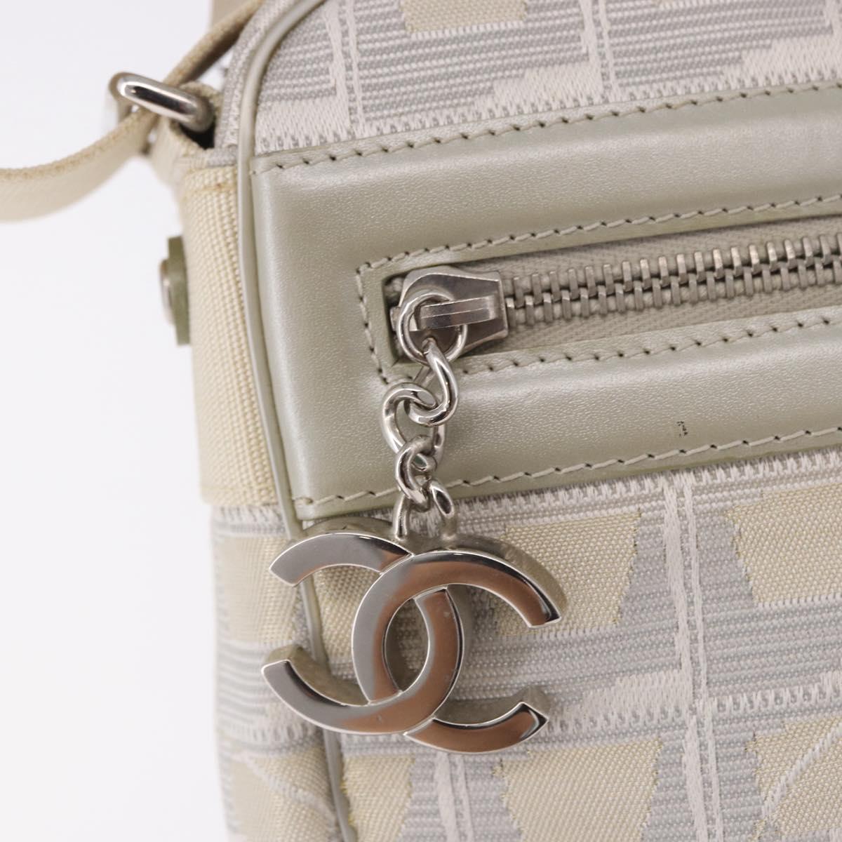 CHANEL New Travel line Shoulder Bag Canvas White Silver CC Auth 185172V